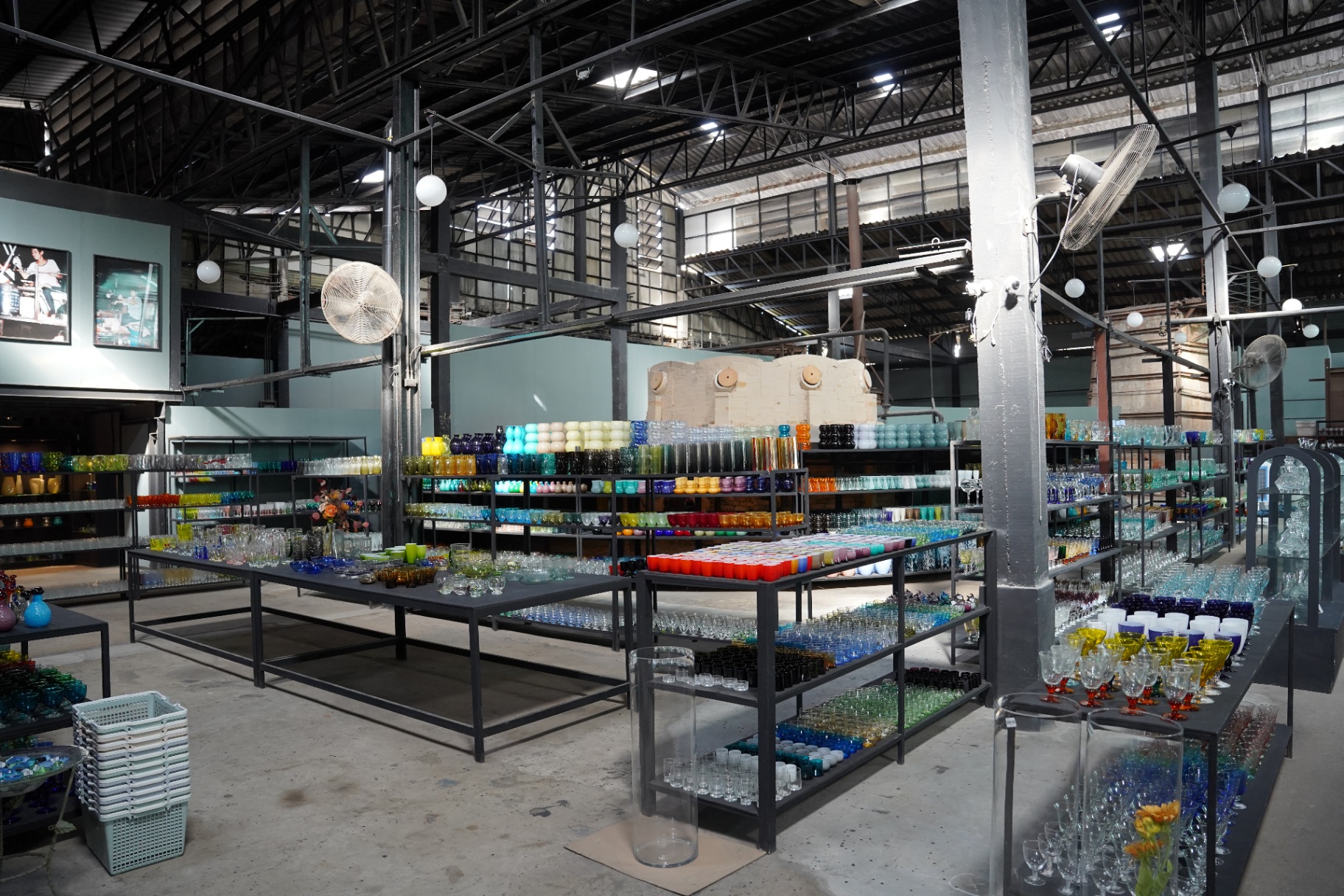 Wide view of the Eastern Glass factory outlet showing the original kiln