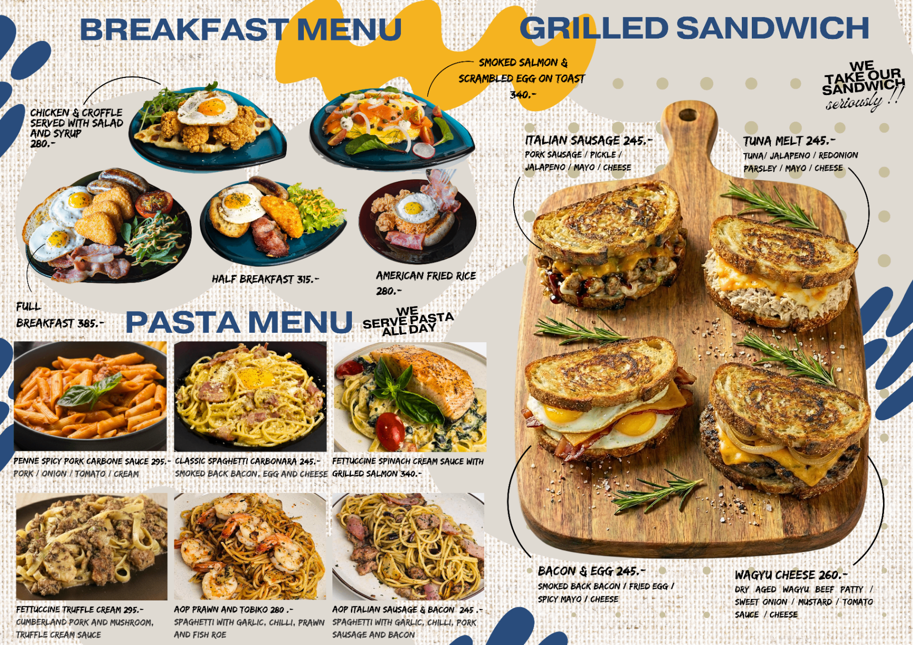 Eastern Glass café breakfast, pasta and grilled sandwich menu board
